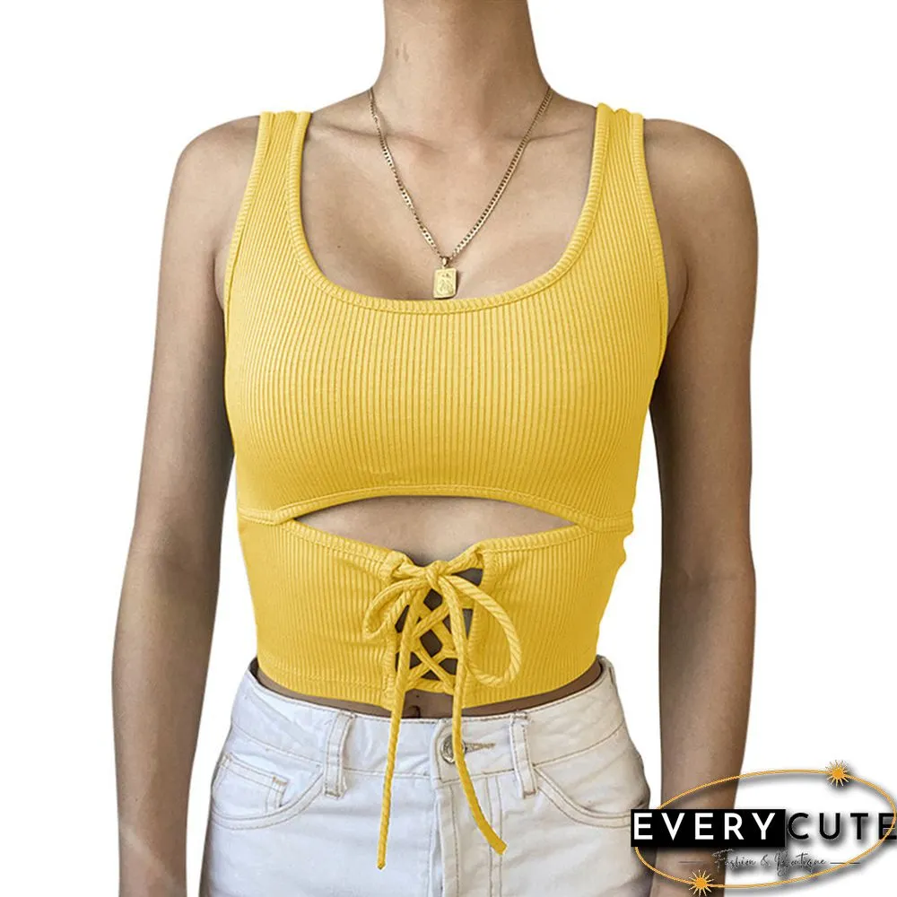 Women's Shirt Sexy U-neck Hollow Out Camisole Sleeveless Solid Color Criss Cross Tank Top Lace-up Rib Knit Crop Tops