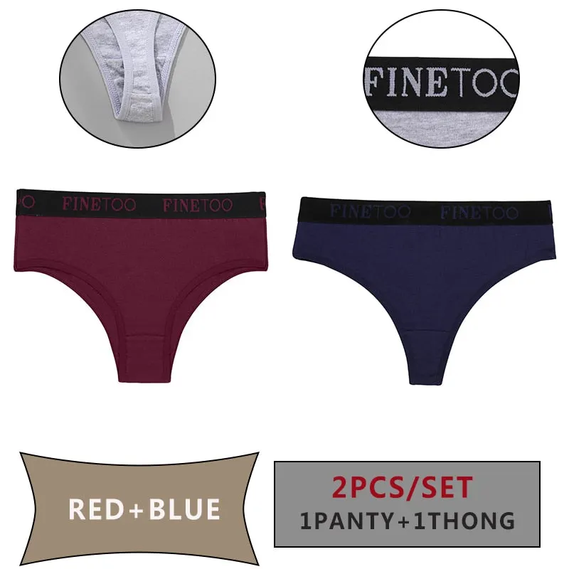 FINETOO 2PCS/Set Women Cotton Panties Sexy Letter Underwear Panty Thong Low Waisted 1Panty+1G-string Brief Tanga Lingerie Femme