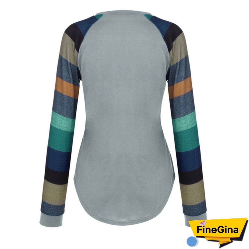Women Spring-Autumn Stripe Sleeve Patchwork Casual Top T-Shirt Loose Long Sleeve Blouse S-XXL