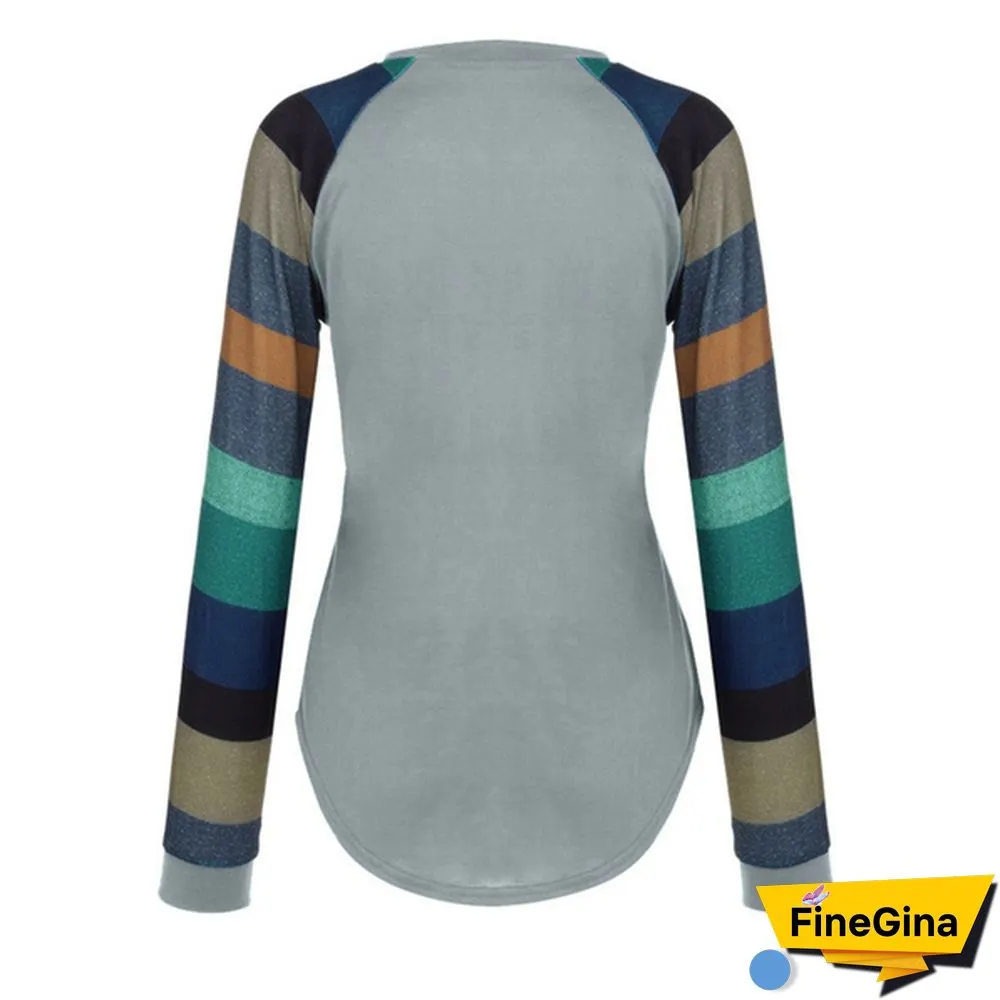 Women Spring-Autumn Stripe Sleeve Patchwork Casual Top T-Shirt Loose Long Sleeve Blouse S-XXL