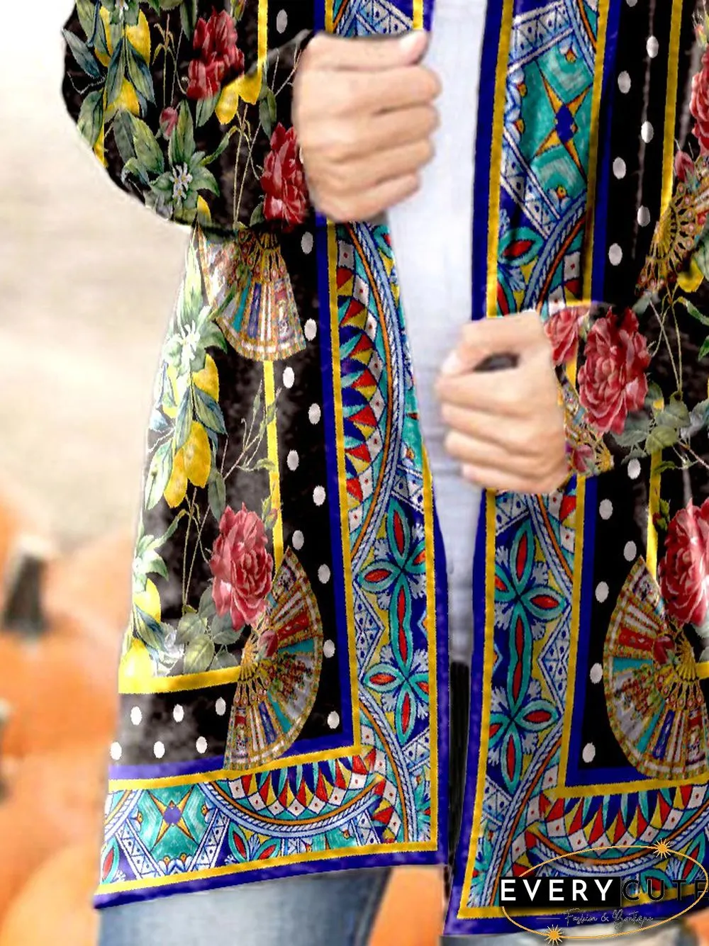 Collarless Vintage Cotton Blends Cardigan