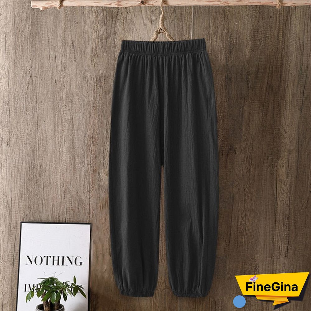 Casual Style Cotton Linen Pants Women Spring Summer New Elastic Waist Solid Basic Retro Loose Women's Harem Pants Trousers