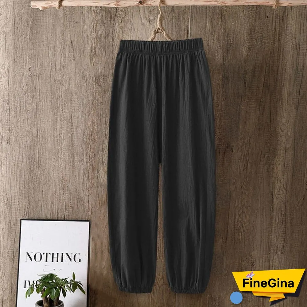 Casual Style Cotton Linen Pants Women Spring Summer New Elastic Waist Solid Basic Retro Loose Women's Harem Pants Trousers