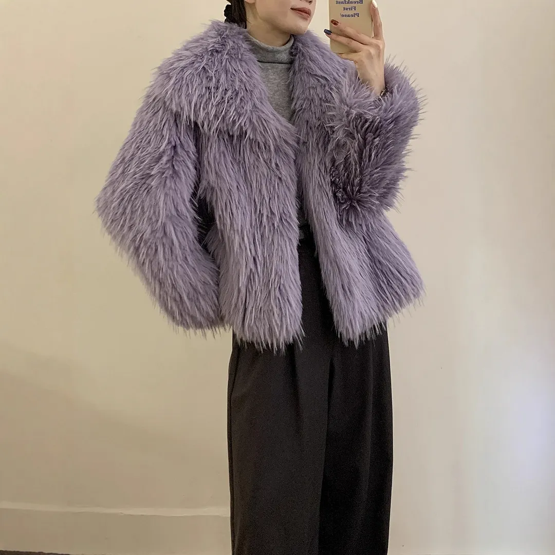 Athvotar Athvotar New Soft Horse Hair V-Neck Hollow Open Shirt Femininity Lazy Wind Buckle Lantern Sleeve Sweater Coat