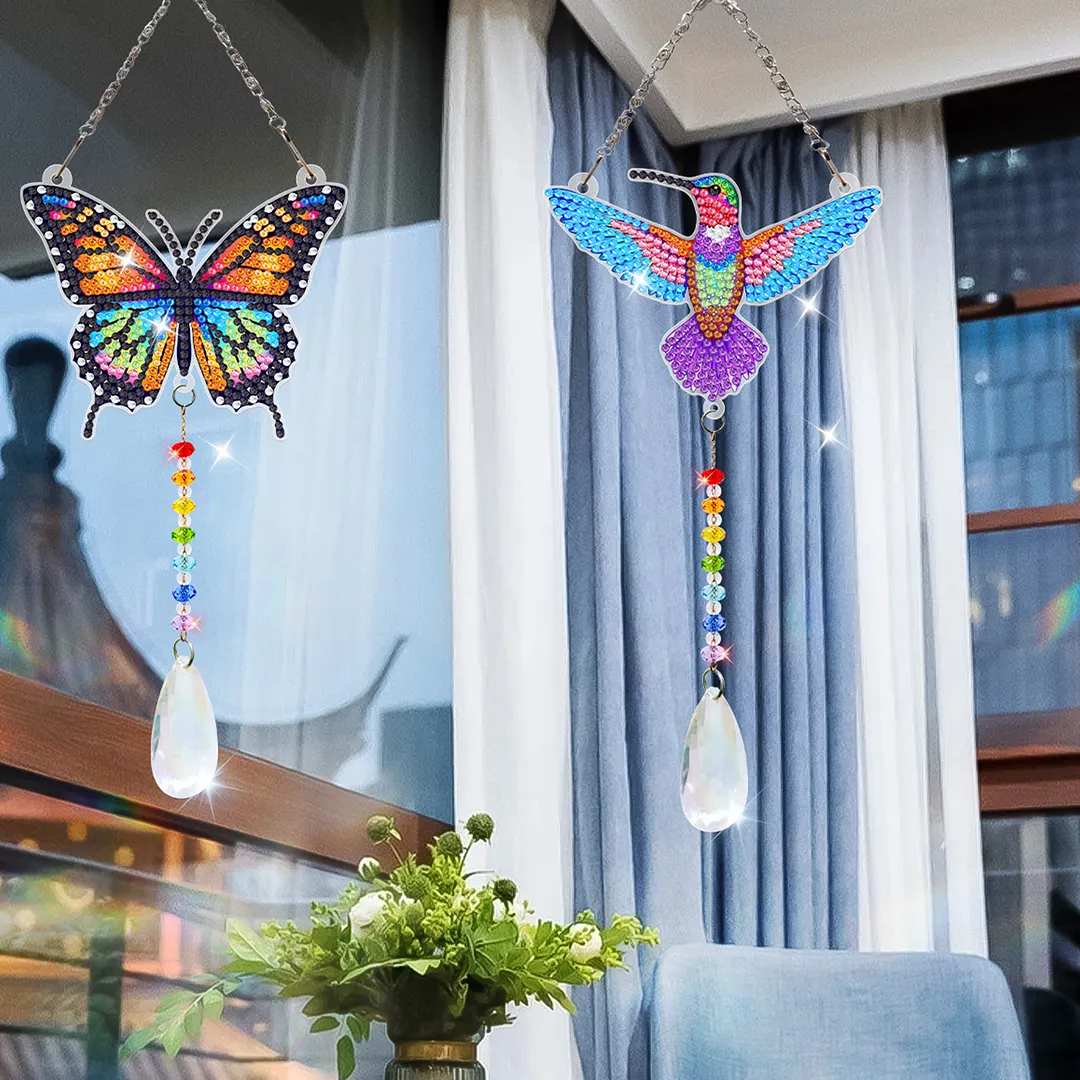 2Pcs Beautiful Butterflies and Hummingbirds DIY Double-Sided Diamond Painting Hanging Kits Diamond Painting Suncatcher Craft Kit for Home Garden Wall Decor Gift