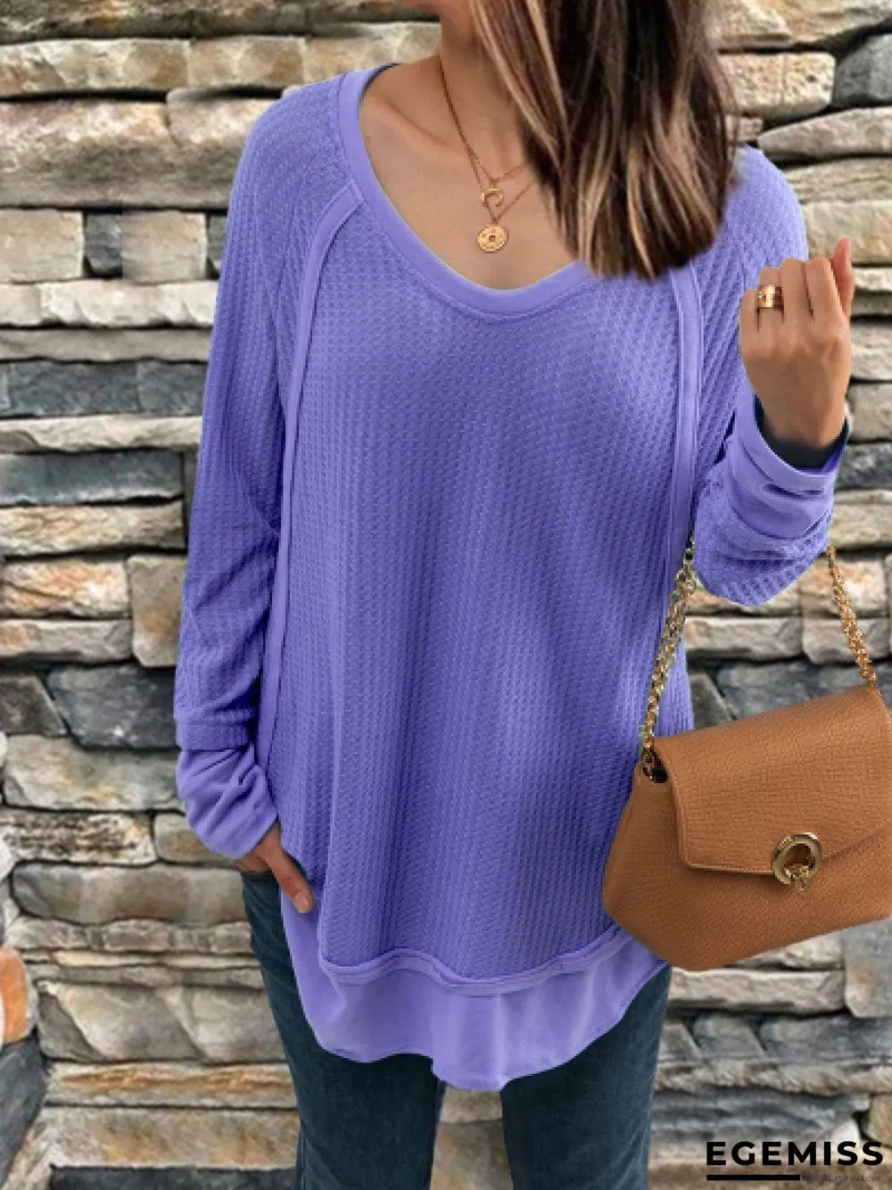 Casual Long Sleeve V Neck Solid Tops | EGEMISS
