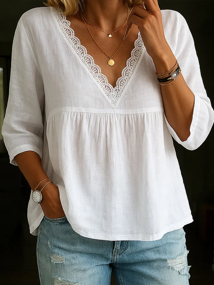 Women's Elegant Lace Patchwork Linen Shirt