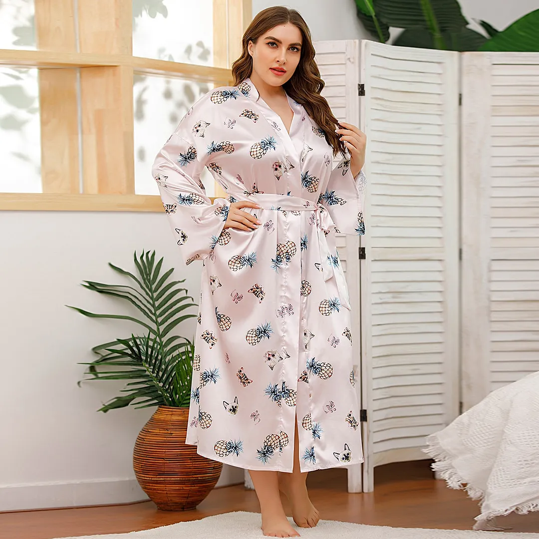 Sdrawing Sdrawing Lady Nightglove Color Lacette Simulation Silk Printing Fat Home Clothes Long-Sleeved Bathrobe Woman