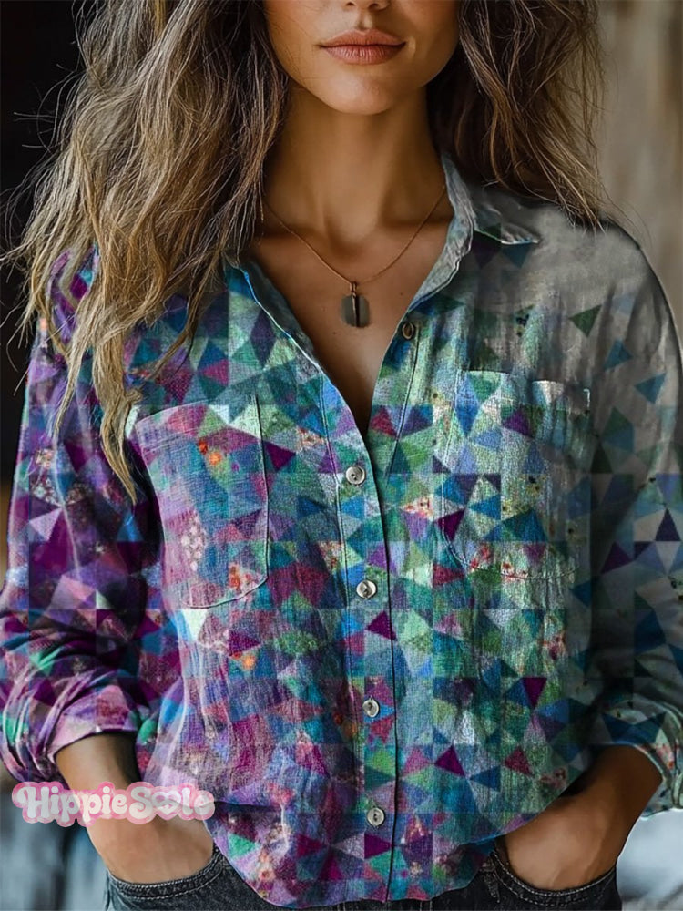 Modern Geometric Quilt Art Printed Women&rsquo;s Casual Long Sleeve Comfortable Cotton Shirt Multicolor
