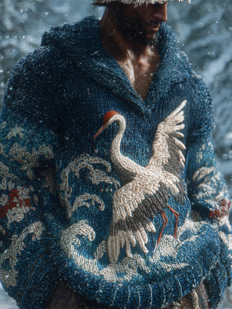 Japanese Crane & Wave Men's Knit Hooded Sweater