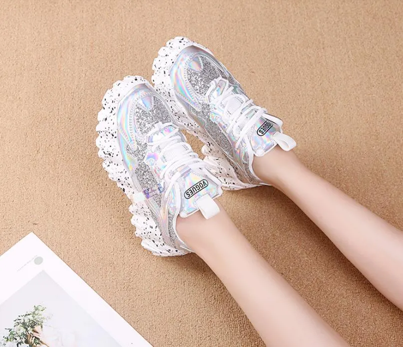 Fashion Women Shoes Dad Chunky Sneakers Women Luxury Comfortable Glossy Thick Sole Ladies Platform Wave Bottom Trainers Female