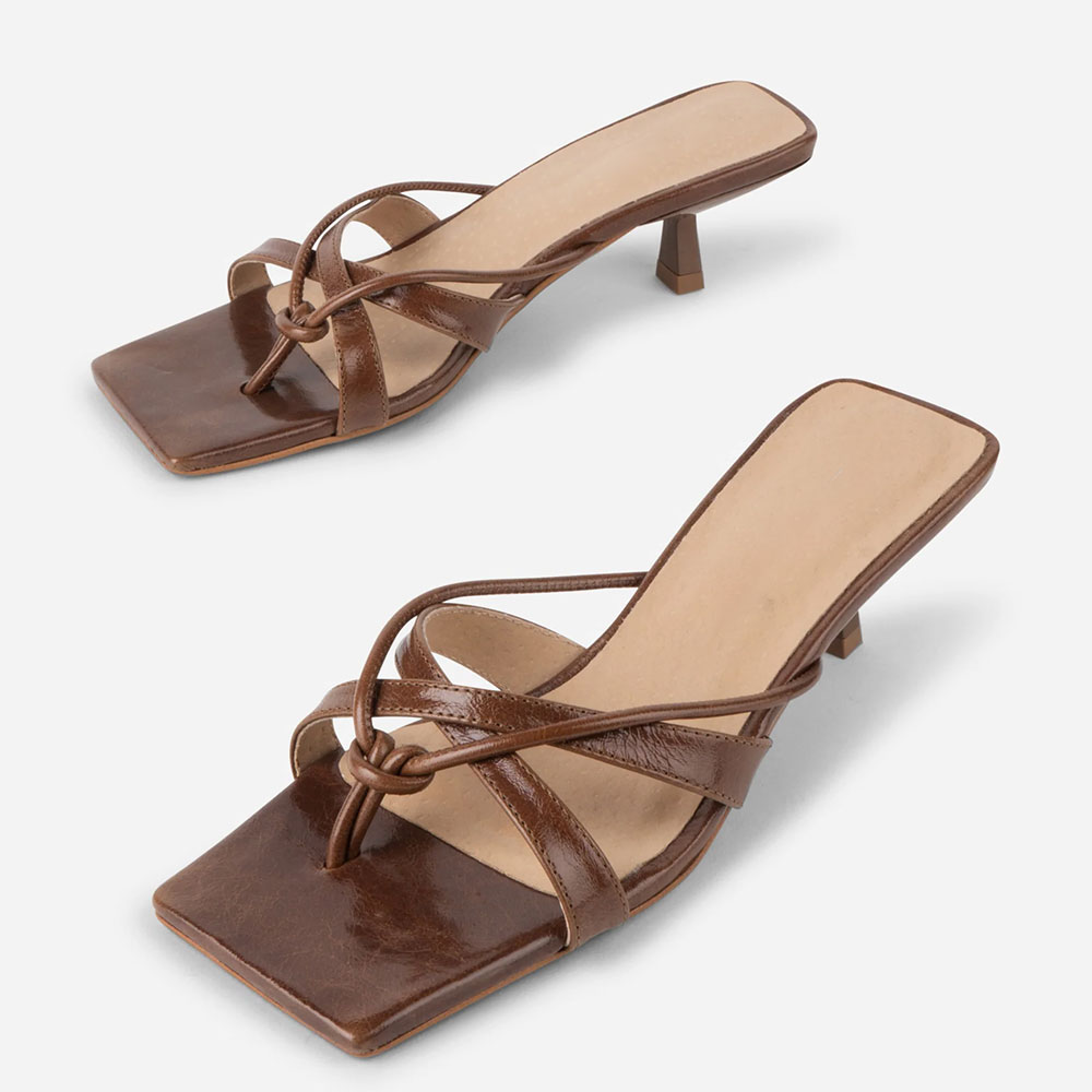Brown Open Toe Cross Strap Kitten Heel Flip Flops for Women Nicepairs