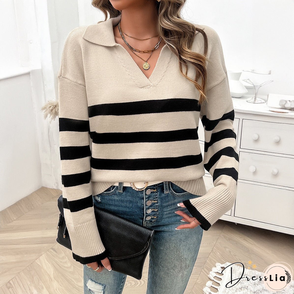 Women's Casual Loose Striped Contrast Color Lapels Sweaters