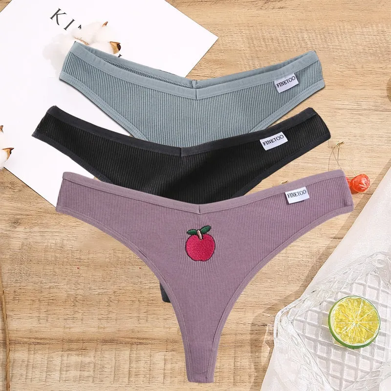 FINETOO 2/3PCS Women Lingerie Fruit Embroidery Panties G-string Sexy Low Rise Cotton Thongs Girl Underwear V-Waist Female Pantys