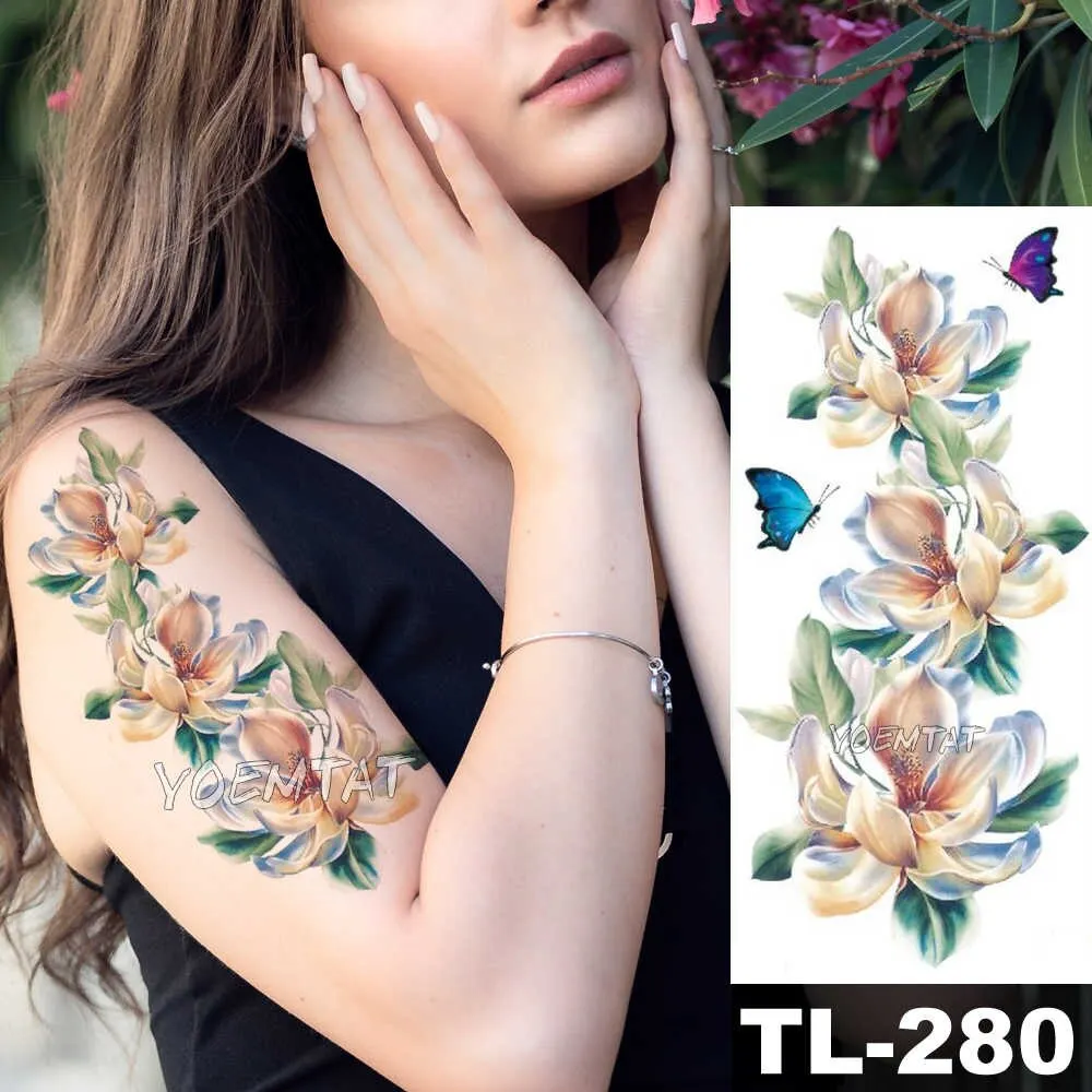 Sdrawing Watercolor Rose Lily Flower Waterproof Tattoo Stickers Women Body Chest Art Temporary Tatto Girl Waist 3D Flowers Tatoo