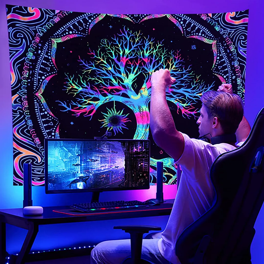 BlackLight Tree of Life Tapestry Sun Moon Stars Galaxy Colorful Hippie Psychedelic Bedroom Dorm Decor Aesthetic Wall Hanging
