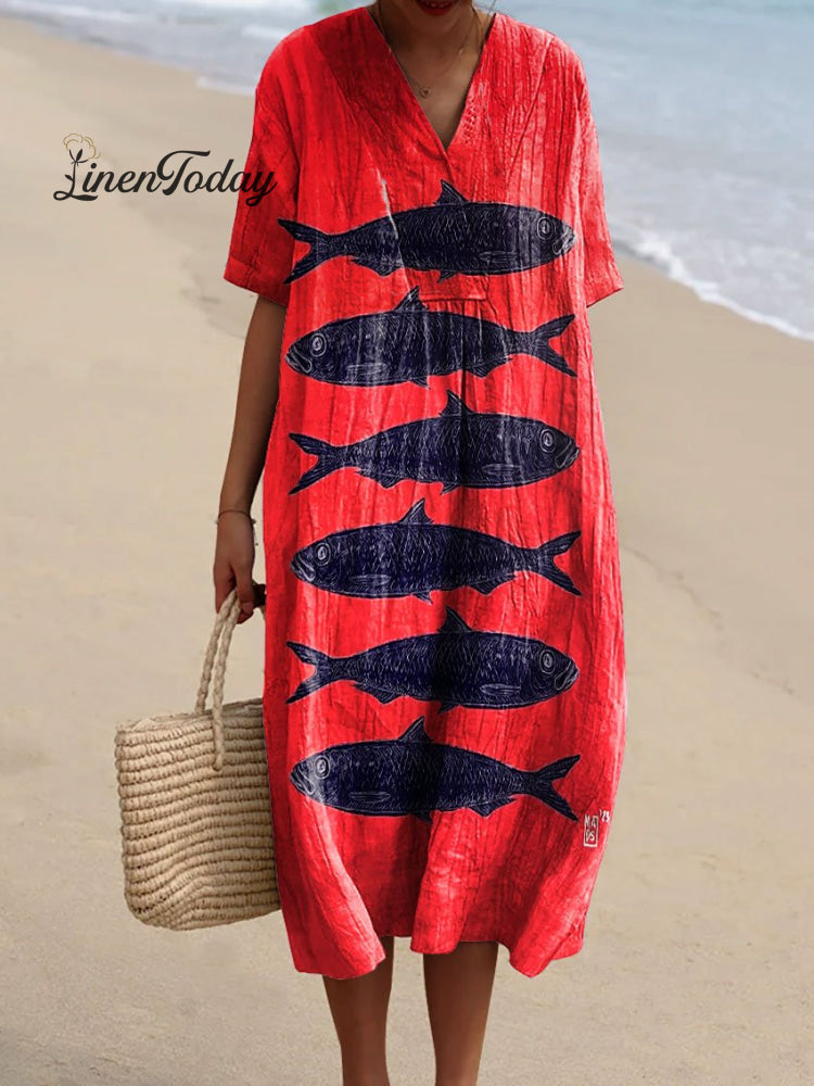 Women&rsquo;s Vintage Fish Art Print Flowy Dress Multicolor / S