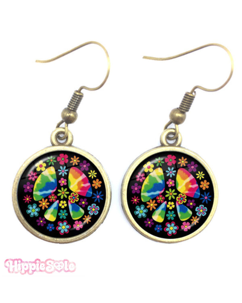 Hippie Peace Flowers Rainbow Earrings Bronze Accessories