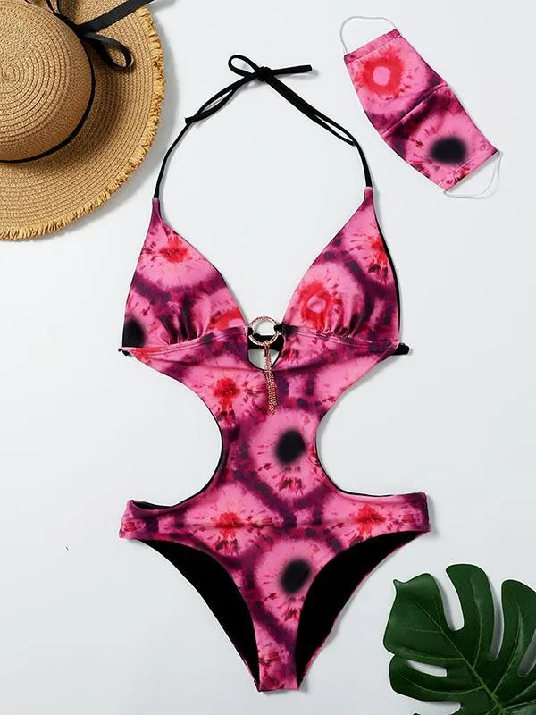 Printed Printed Halterneck One-Piece Swimwear+Mask