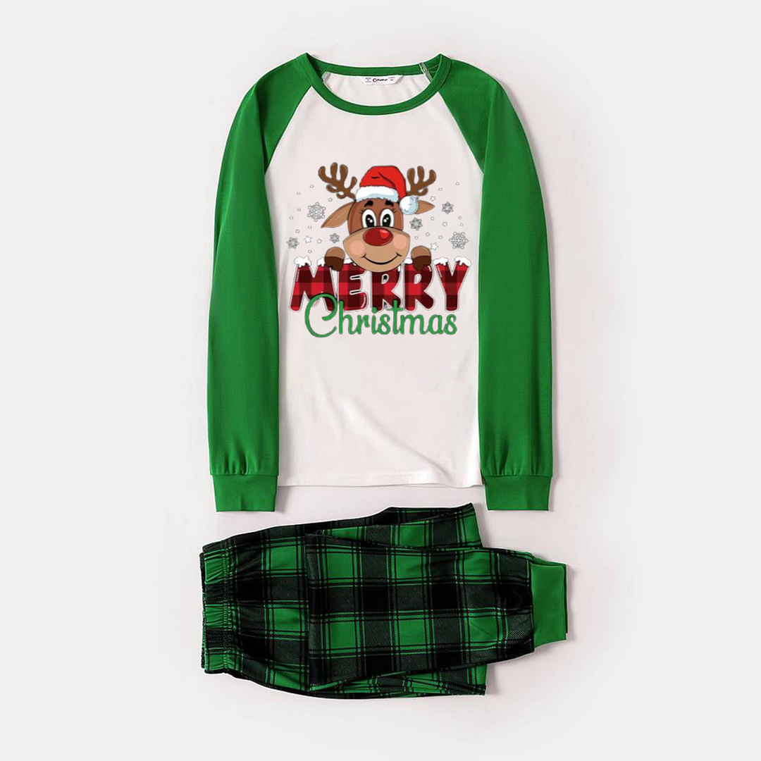 Merry Christmas and Deer Print Long Sleeve Top With Green & Black Plaid Christmas Family Matching Pajamas