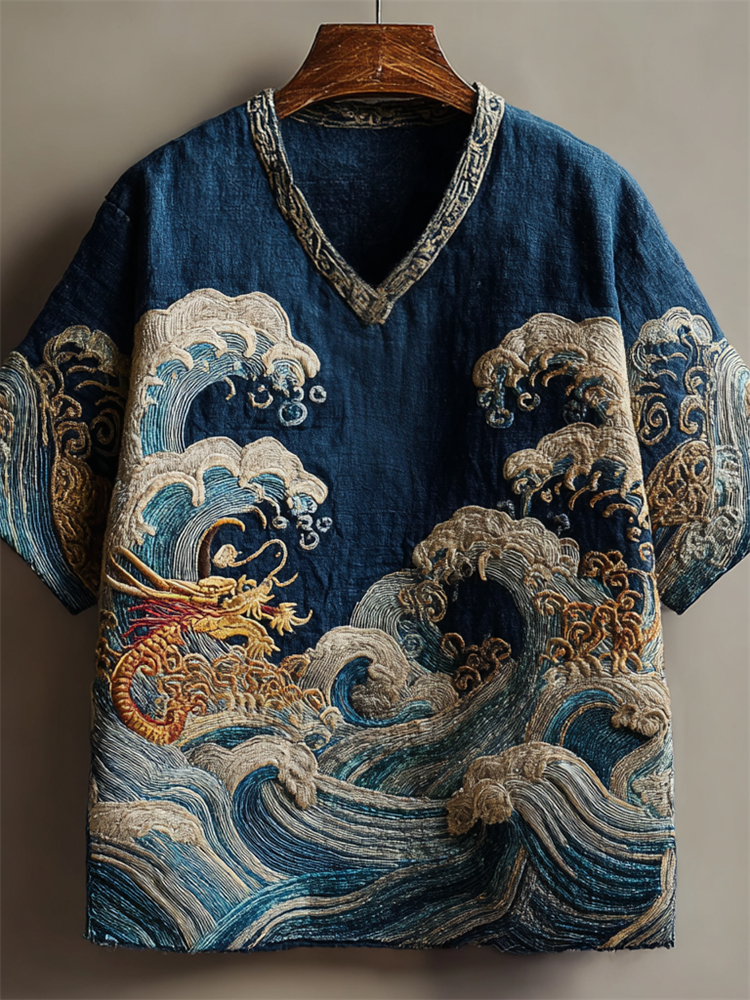 Japanese Dragon & Sea Waves Embroidered Linen Shirt