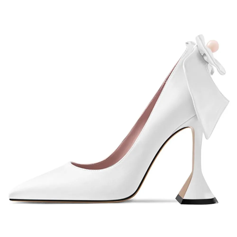 Ivory Vegan Leather Pointed Toe Flared Heel Back-Bow Pumps for Women