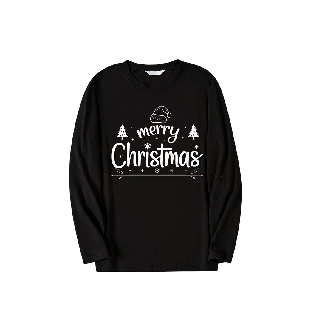 "Merry Christmas" White Letter 2024 Black Long Sleeve Top with Black And Green Plaid Pants Family Matching Pajamas