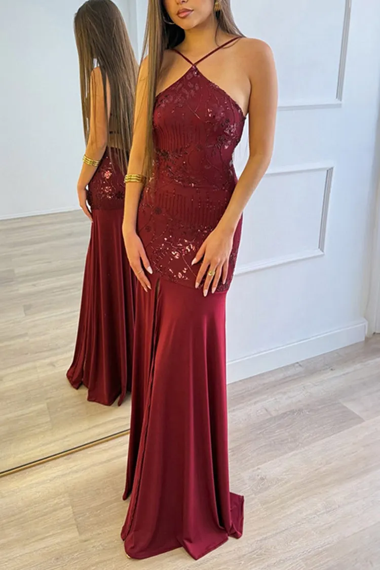 Halter Backless Sequin Floral High Slit Slim Fit Gowns Maxi Dresses-Apricot