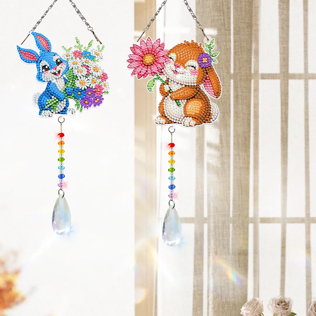 2Pcs Flower Rabbit DIY Double-Sided Diamond Painting Hanging Kits Diamond Painting Suncatcher Craft Kit for Home Garden Wall Decor Gift