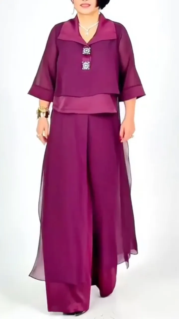 Women's Lapel Chiffon Top & Flowy Wide-Leg Pants Casual Set