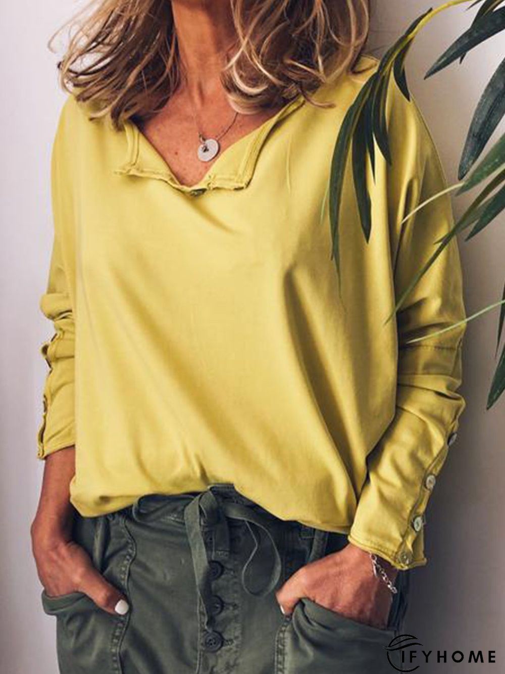 Casual Cotton V Neck Long Sleeve T-Shirt | IFYHOME
