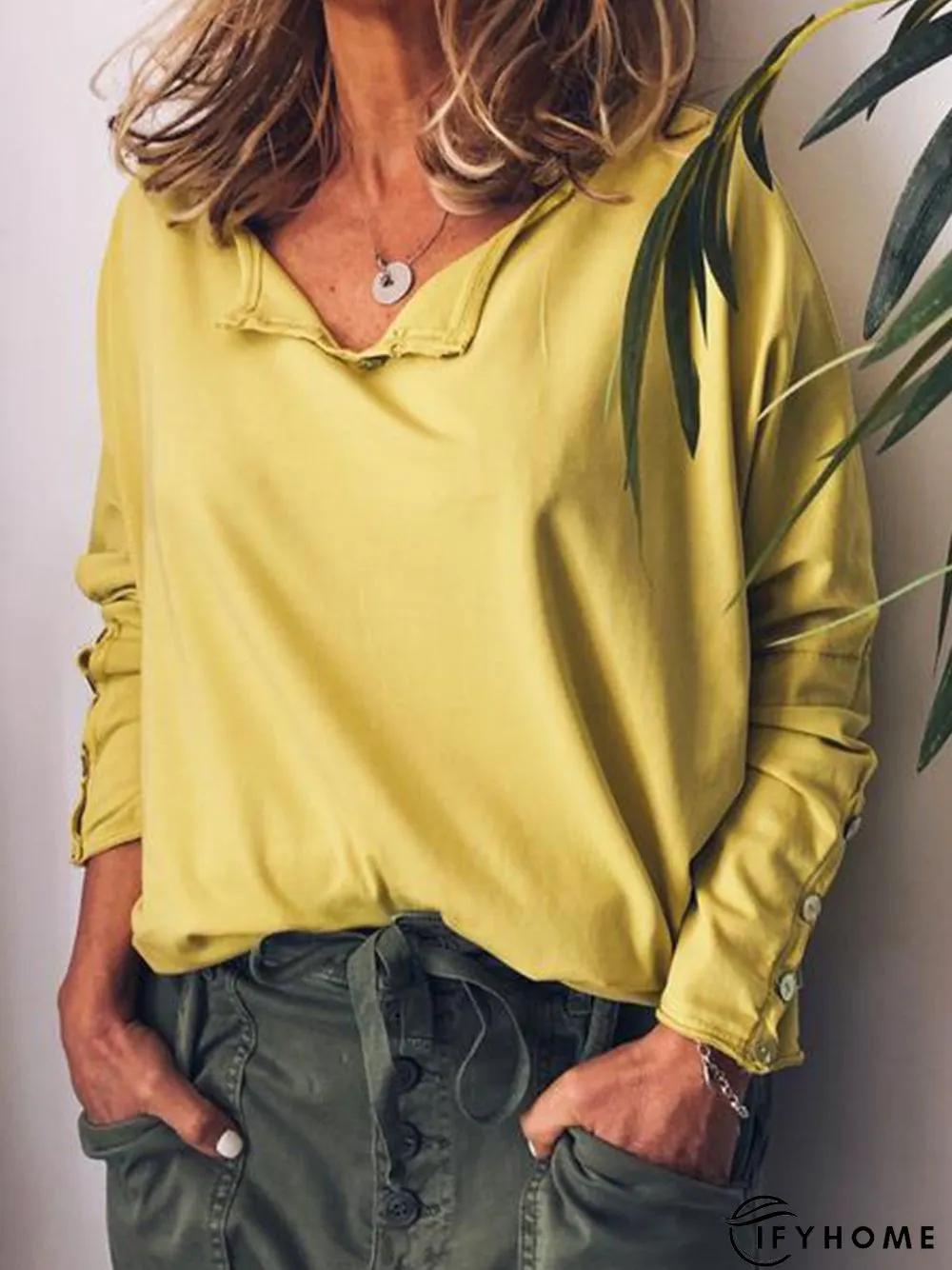 Casual Cotton V Neck Long Sleeve T-Shirt | IFYHOME