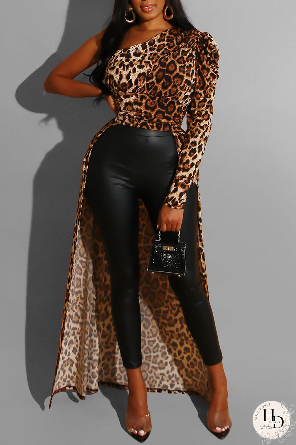 Leopard Print Sexy Print Leopard Split Joint Fold Asymmetrical Oblique Collar Dresses