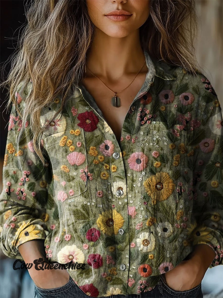Women&rsquo;s Vintage Embroidered Floral Art Print Casual Long Sleeve Comfortable Cotton Shirt