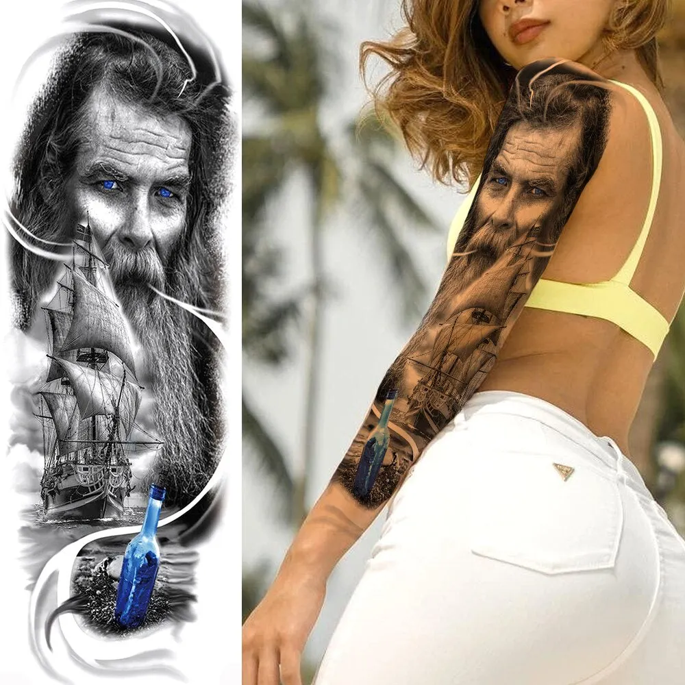 Black Military Maori Totem Temporary Sleeve Tattoos For Men Realistic Fake Full Arm3D Dragon Skull Wolf Lion Robot Tatoos Paste