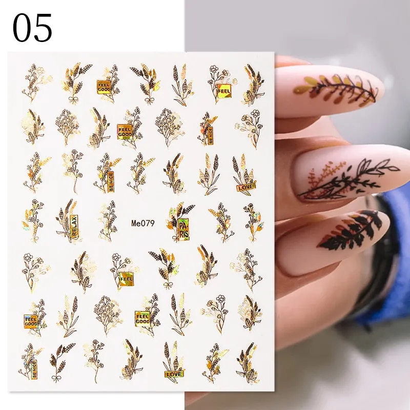 1 Pc 3D Nail Stickers Leaves Sliders for Nails Gold White Bronzing Flowers Gradient Adhesive Sticker Nail Design Art Decorations-Nail Inspo