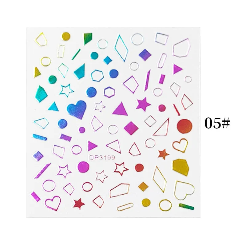 English Letter Design 3D Nail Stickers Iridescent Geometrics Gold Stars Moon Transfer Nail Art Sliders Decoration Accessories