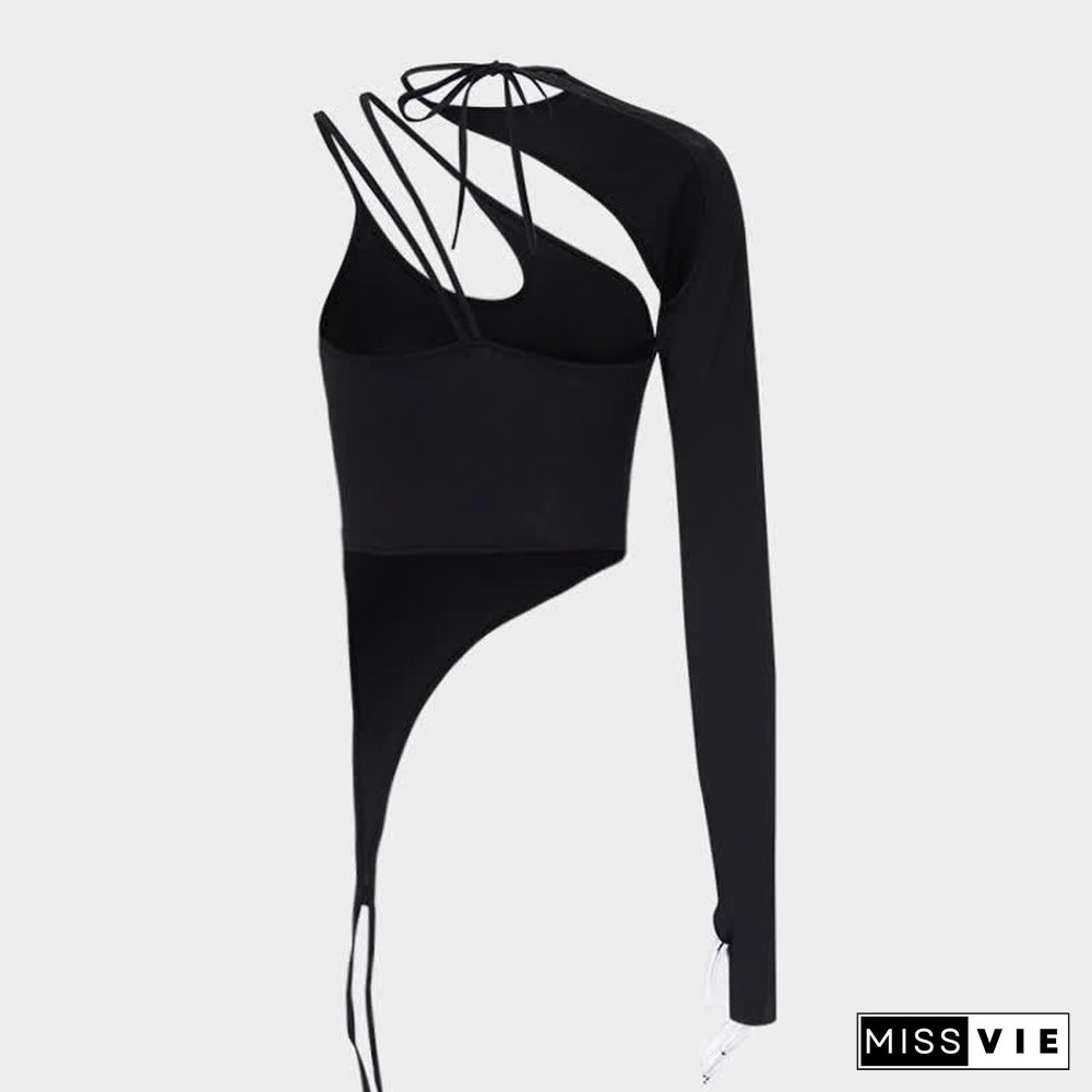 Halter One-Shoulder Lace Up Finger Sleeve Vest Top