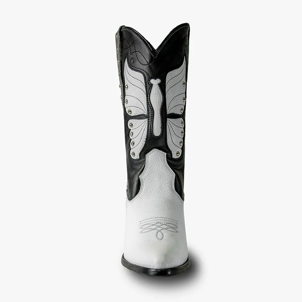 Black & White Pointed Toe Chunky Heel Studded Western Boots for Women