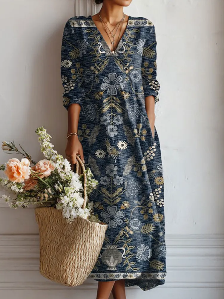 Women's Vintage Flower Art Print Linen Pocket Dress
