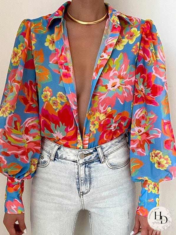 Blouses Loose Print Button Balloon Sleeve Blouse for Women