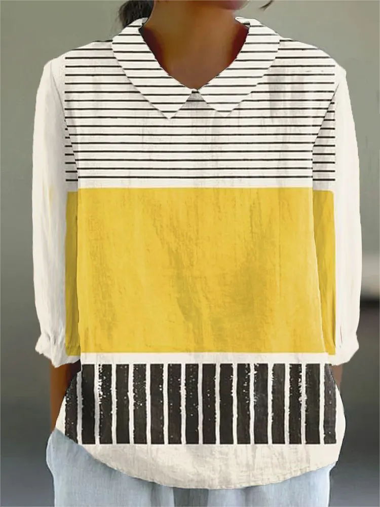 Women's Vintage Abstract Geometric Art Print Casual Cotton And Linen 3/4 Sleeve Shirt