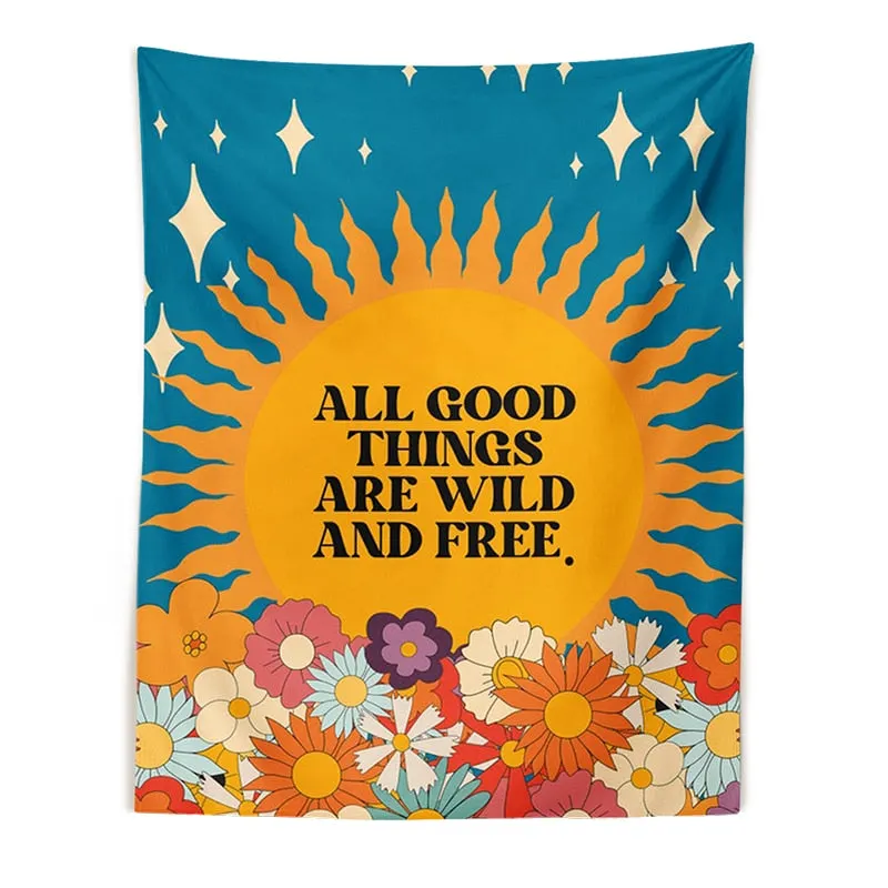 Retro Sun Tapestry Wall Hanging 80s 70s Aesthetic Wall Cloth Vintage flowers Hippie Decor Living Room Bedroom Bohemian Print