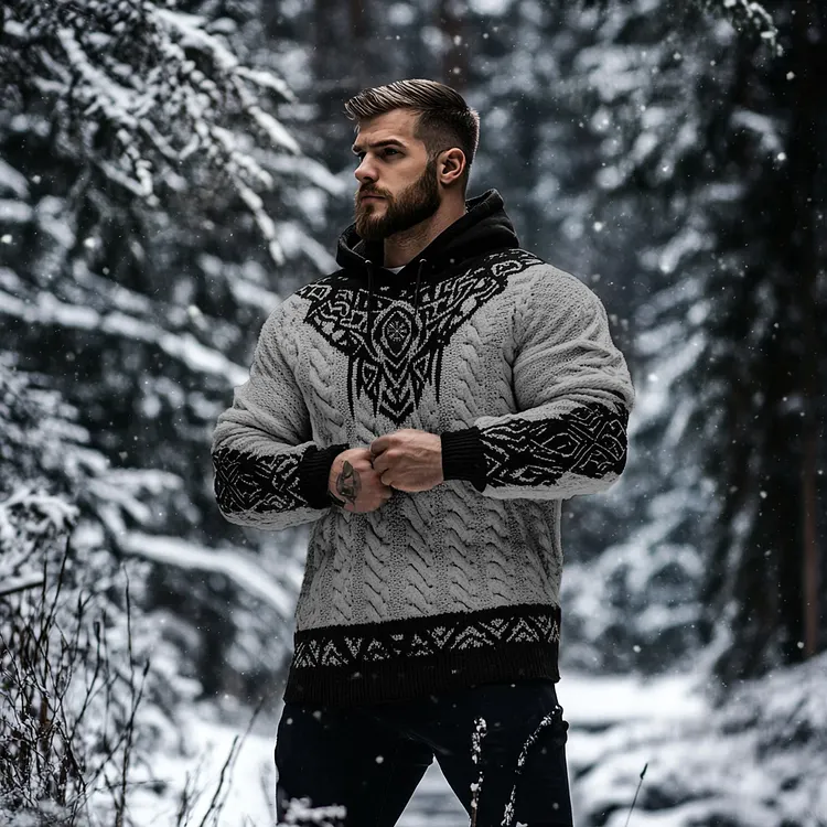 Men's Viking Tribal Jacquard Celtic Inspired Chunky Knit Hooded Sweater