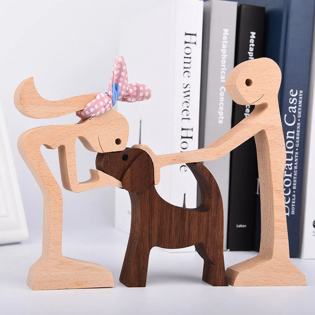 Family Puppy Wood Dog Craft Figurine Desktop Table Ornament Carving Model Creative Home Office Decoration Love Pet sculpture 515-1