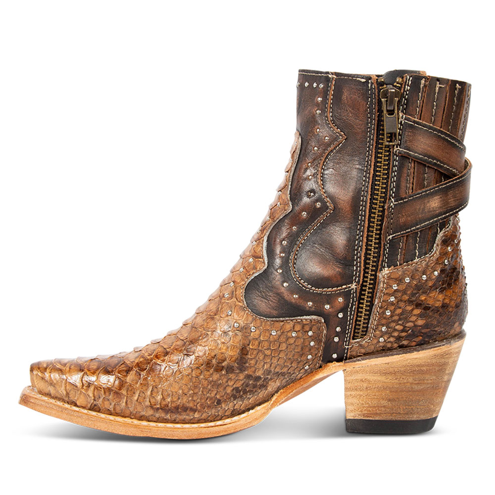Brown Python Embossed Snip Toe Cowgirl Boots with Criss-Cross Strap