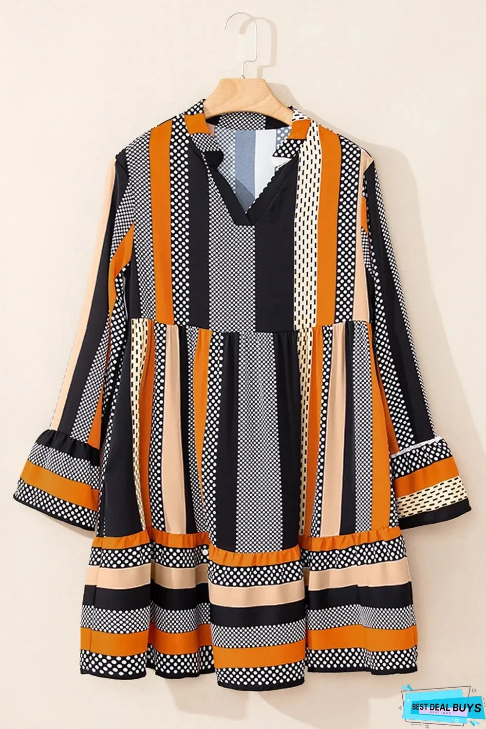 Black Striped Polka Dot Print Ruffled Hem V Neck Mini Dress