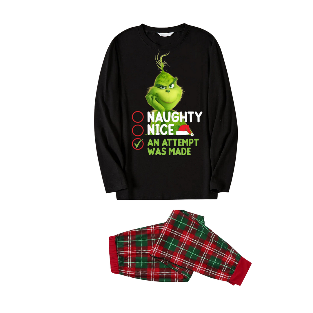 Cute Cartoon Pattern and Slogan Printed Red and Green Plaid Family Matching Pajamas