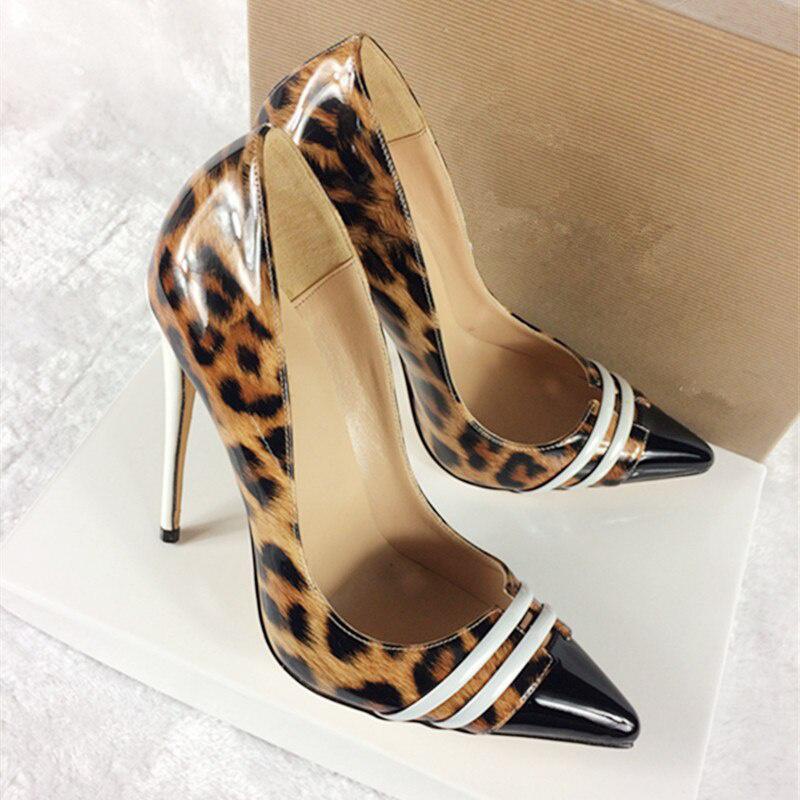 GOOSHOE 12cm Women's Leopard Print Color Matching High Heels Print High Heels 10cm Shoes Large Size