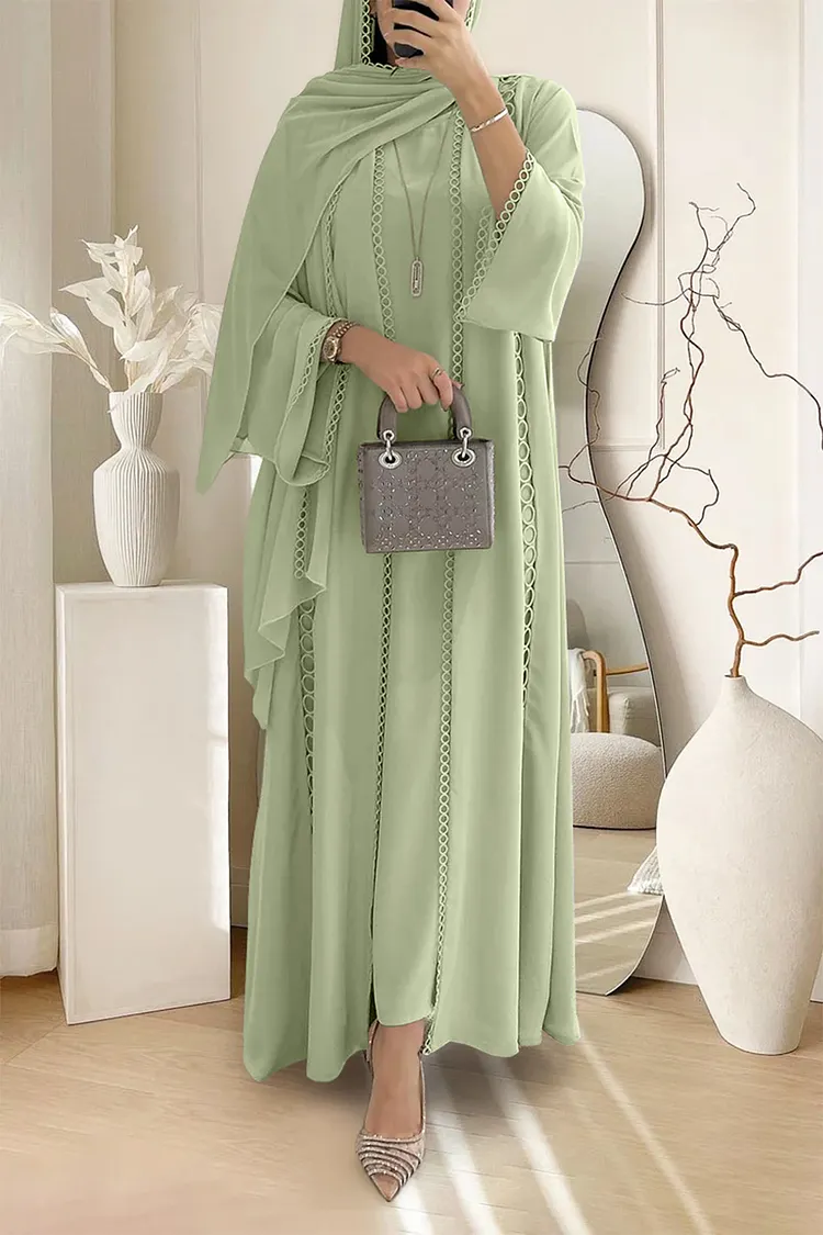 Crochet Long Sleeve Cardigan Maxi Dresses Plain Abaya Matching Set Crochet Long Sleeve Cardigan Maxi Dresses Plain Abaya Matching Set